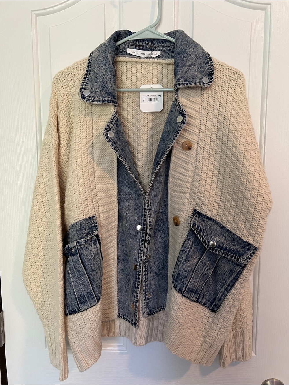 Altar'd State Cream Knit Cardigan with Washed Denim Trim